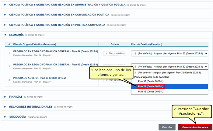 Seleccionar plan y Guardar Asociaciones