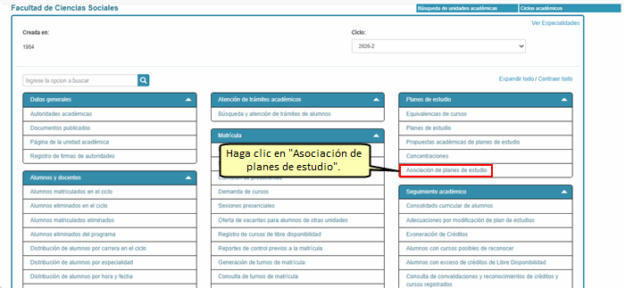 Opci&oacute;n Asociaci&oacute;n de planes de estudio