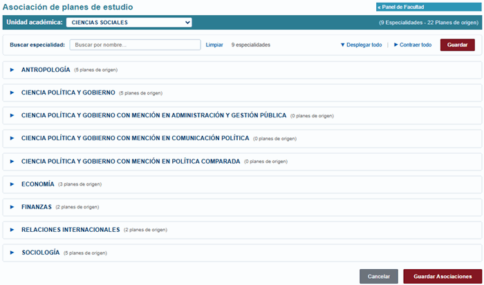 Pantalla Asociaci&oacute;n de planes de estudio